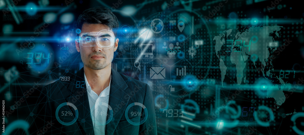Double exposure of Businessman working on artificial intelligence and holographic interface network icons, communication and digital innovation technology AI concept. Double exposure of Businessman working on artificial intelligence and holographic interface network icons, communication and digital innovation technology AI concept.