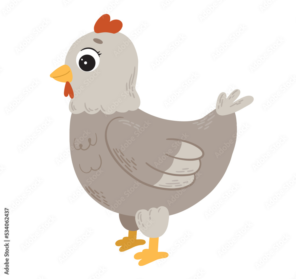 Naklejka premium Cute gray cartoon chicken. Farm animal. Broody hen