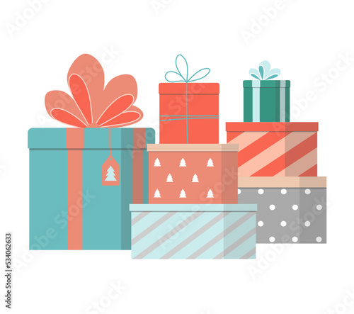 Big pile of colorful wrapped gift boxes. Stack of different presents for Christmas holiday. Flat vector illustration isolated on white background. 