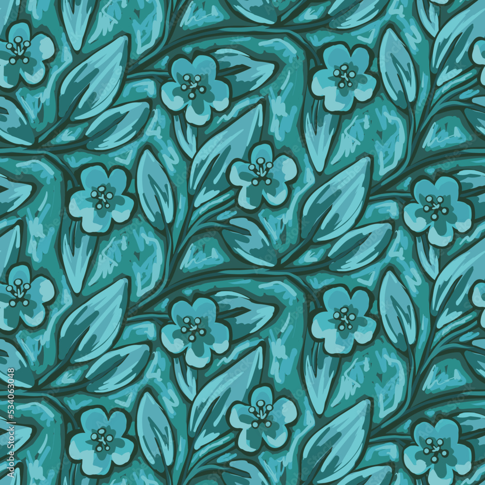 Seamless pattern, artistic floral print with painting flowers, leaves on a branch. Monochrome botanical background design with hand drawn decorative plants in blue color. Vector illustration. Seamless pattern, artistic floral print with painting flowers, leaves on a branch. Monochrome botanical background design with hand drawn decorative plants in blue color. Vector illustration.
