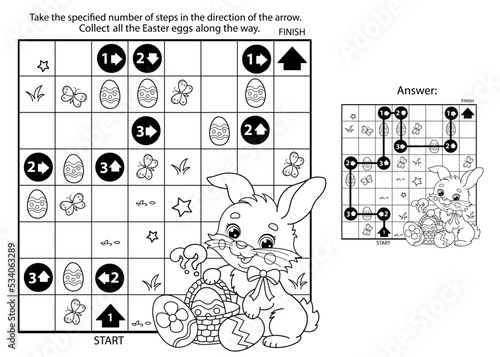 Maze or Labyrinth Game. Puzzle. Coloring Page Outline Of cartoon cute Easter bunny with eggs and sweets. Coloring Book for kids.