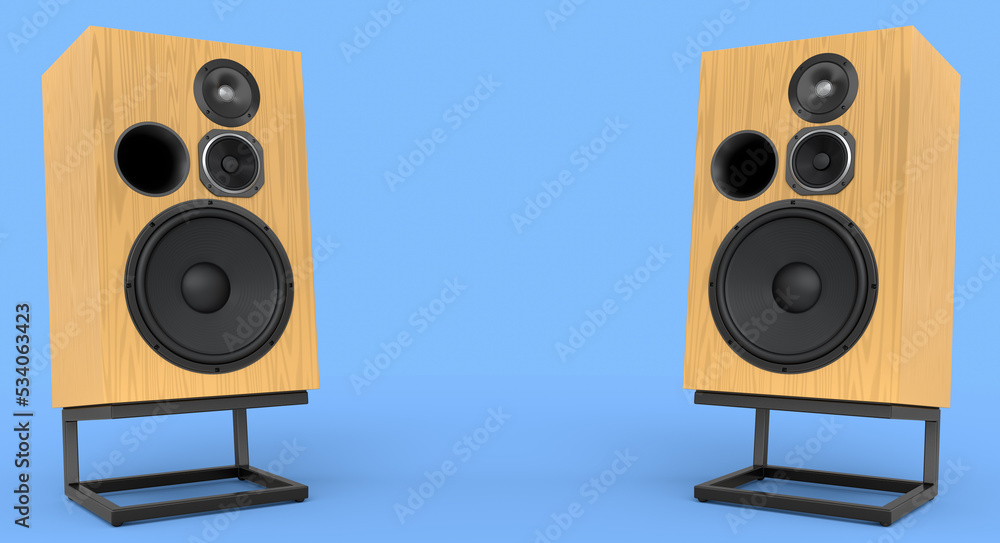 Hi-fi speakers with loudspeakers on stand on blue background. Hi-fi speakers with loudspeakers on stand on blue background.