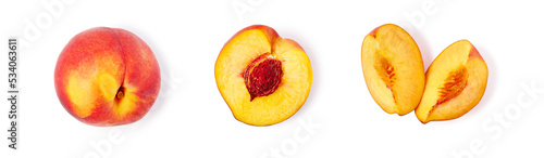 Set of whole peach and slices on white. Clipping path