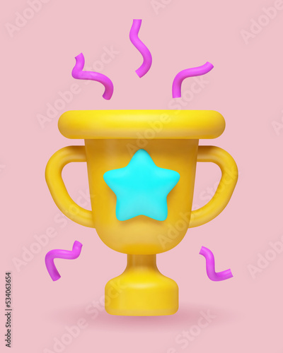 Vector 3d realistic illustration of the award, a yellow cartoon cup with a star and purple tinsel
