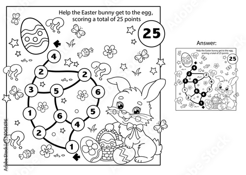 Math addition game. Puzzle for kids. Maze. Coloring Page Outline Of cartoon cute Easter bunny with eggs and sweets. Coloring Book for children.