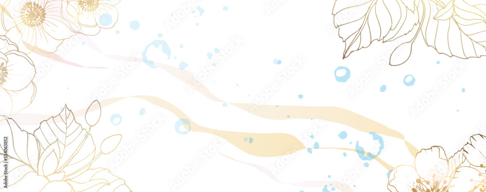 Luxurious golden wallpaper. White background and blue watercolor stains with rose buds. Golden olive leaves with a glossy light texture. Wall mural of contemporary art. Vector illustration.
