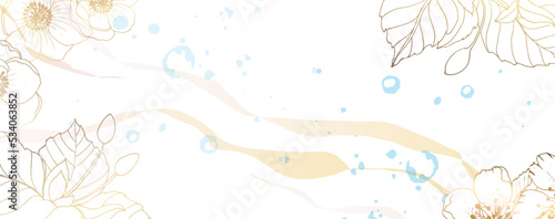 Luxurious golden wallpaper. White background and blue watercolor stains with rose buds. Golden olive leaves with a glossy light texture. Wall mural of contemporary art. Vector illustration.