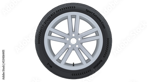 Car Wheel assembly. A cast or forged disc and a tire with a tread with inscriptions indicating the direction of rotation, dimensions and seasonal conditions of use.