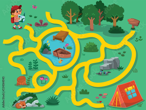 Can you help the boy in the forest reach the camp tent? Drawing activity and maze game for children. Vector illustration.