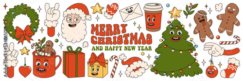 Merry Christmas and Happy New year. Santa Claus, Christmas tree, gifts, cocoa, coffee, gingerbread in trendy retro cartoon style. Sticker pack of cartoon characters and elements.