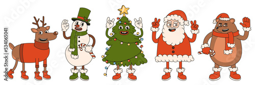 Merry Christmas and Happy New year. Santa Claus, Christmas tree, bear, snowman, reindeer in trendy retro cartoon style. Sticker pack of comic characters.