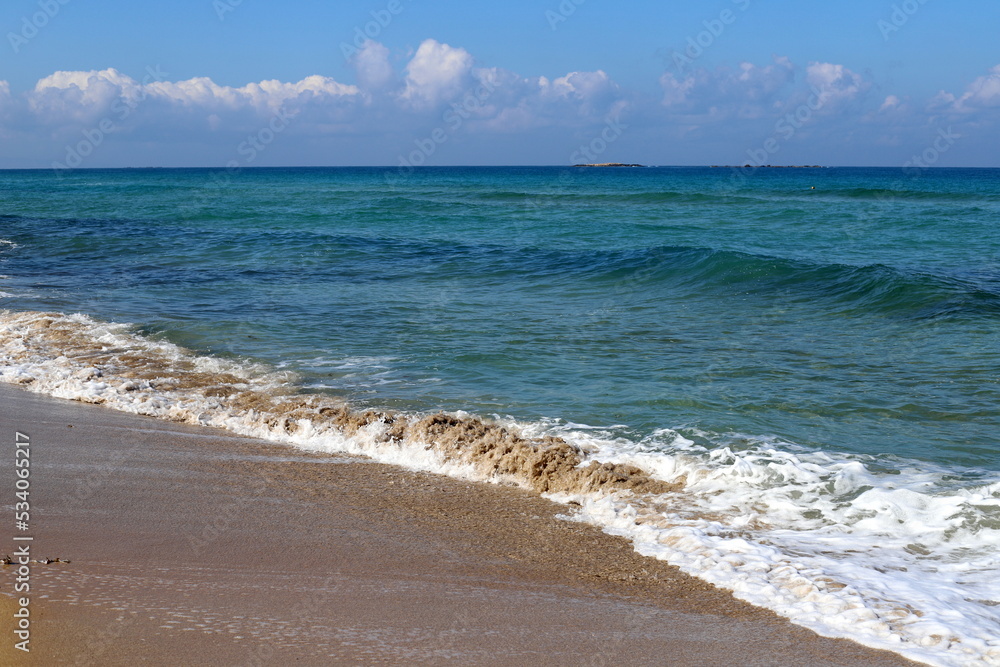 Sandy beach on the Mediterranean Sea in northern Israel.