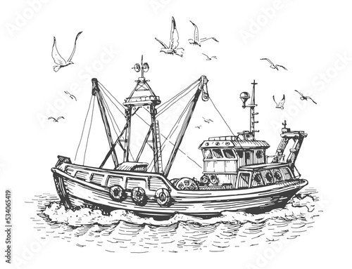 Fishing boat in sea. Seagulls and vessel, ship on the water. Seascape, fishery sketch vector illustration