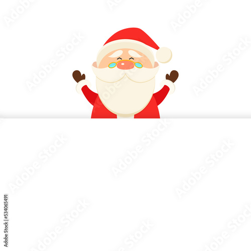 Vector Cute Funny Smiling Santa Claus Peeking Out From Behind a Banner, Signboard. Merry Christmas and Happy New Year Holiday Greeting Card