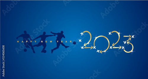 Happy New Year 2023 Soccer strategy plan golden arrows blue board background