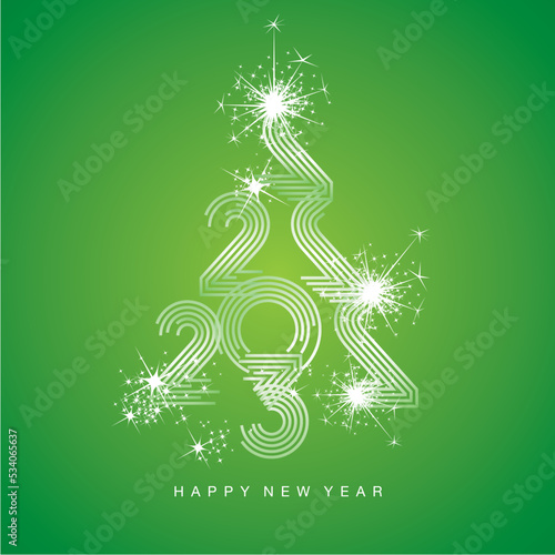 New Year 2023 abstract Christmas tree made by multiply line design 2023 year numbers shining sparkle firework lucky green background greeting card