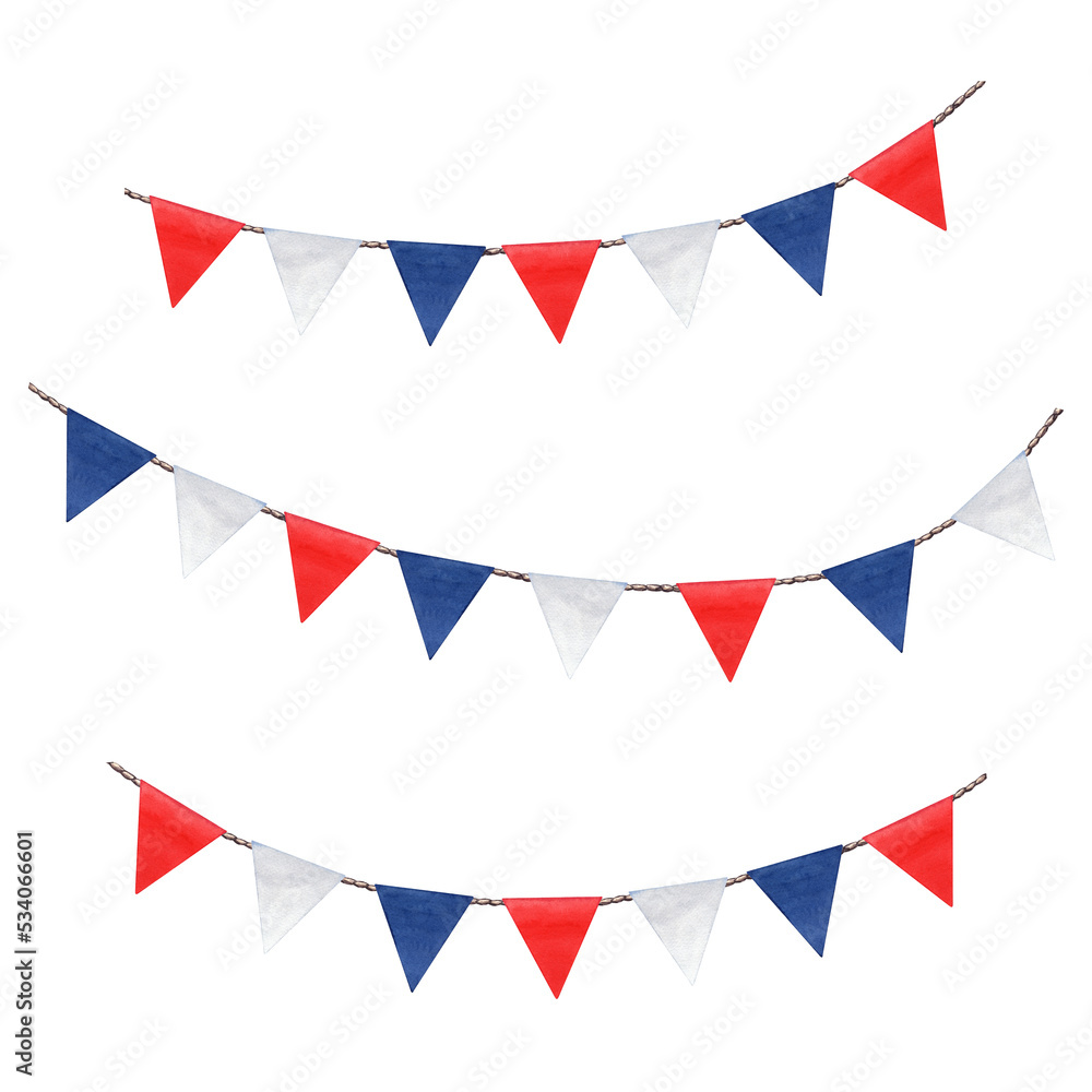 Cute colorful garlands with decorative holiday flags. Watercolor clip art with red, 
 blue and white colors. Watercolor illustration isolated on transparent .