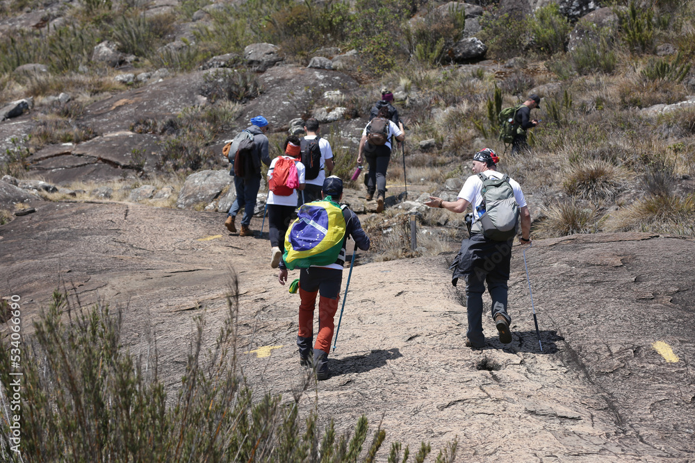 Mountaineer climbing brazil's highest peaks in the mountains with extensive hiking and backpacking.
