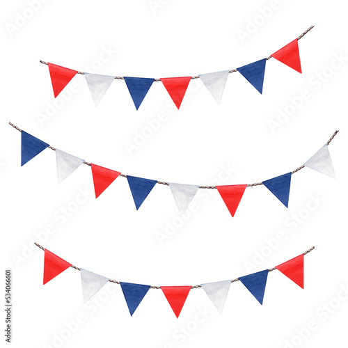 Cute colorful garlands with decorative holiday flags. Watercolor clip art with red, blue and white colors. Watercolor illustration isolated on transparent .