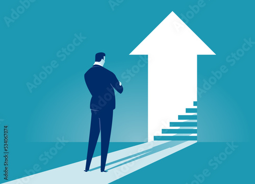 The career steps. Growth. Businessman watches an arrow sign with a staircase inside. Business vector concept illustration.