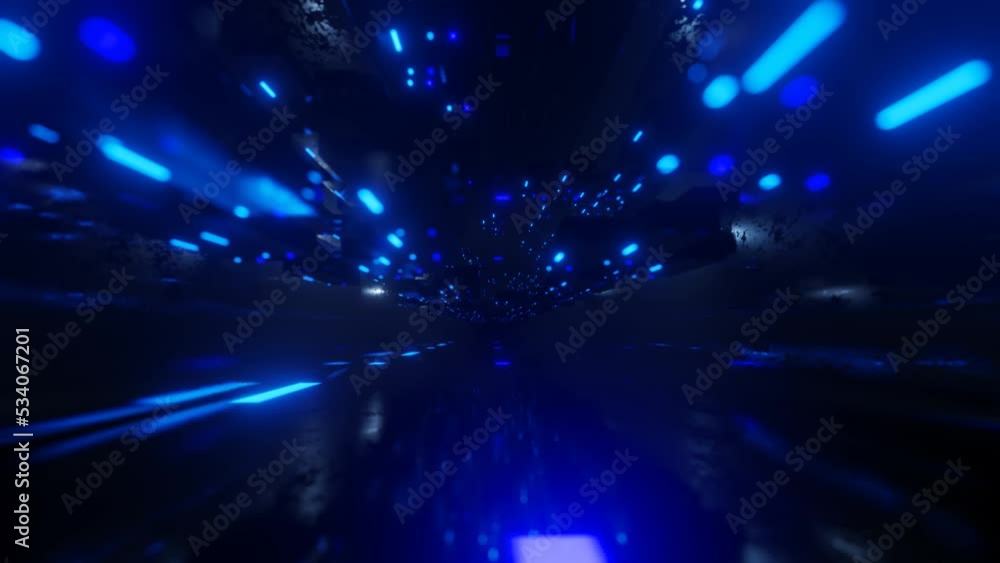 Blocks in air. Large space. Fly through technology cyberspace with blue neon glow. Sci-fi flight through hi-tech technology tunnel. Hologram and neon light. 3d looped seamless 4k bg. Data flow. DOF
