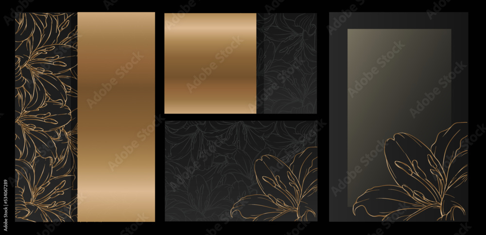 Elegant set of grey and brown covers. Floral pattern of orchids, outline design. Collection for luxury invitations, events, presentations, business cards.