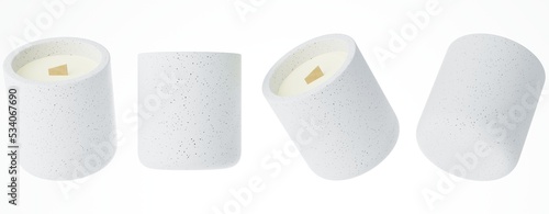 Set of different angles of handmade candle with wooden wick in white concrete jar 3D render, branding and mock-up design ready product concept
