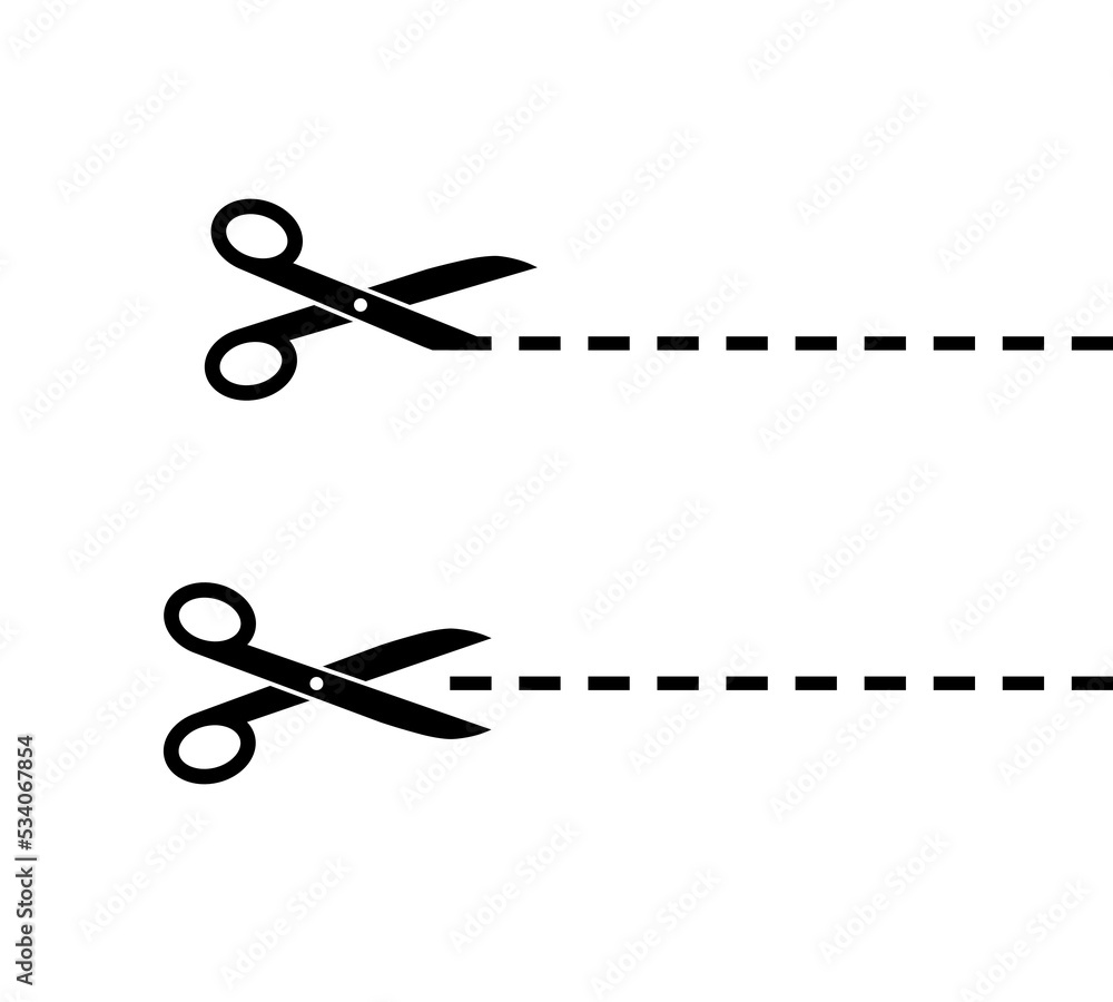 Scissor with cut line. Black scissors isolated on white background. Snip ribbon. Separation element. Scissor with ribbon for design dash border page. Dotted outline on paper. Vector illustration Scissor with cut line. Black scissors isolated on white background. Snip ribbon. Separation element. Scissor with ribbon for design dash border page. Dotted outline on paper. Vector illustration