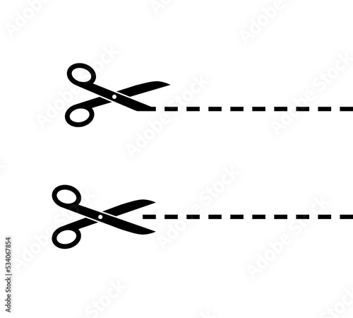 Scissor with cut line. Black scissors isolated on white background. Snip ribbon. Separation element. Scissor with ribbon for design dash border page. Dotted outline on paper. Vector illustration