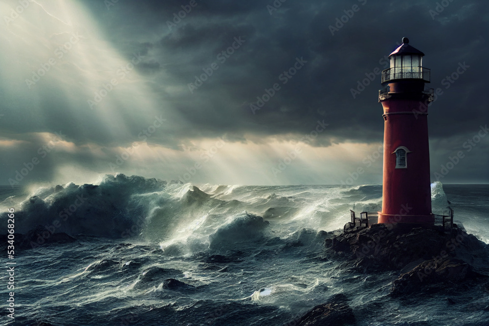 Lighthouse at the high vertical cliff in the middle of stormy sea
