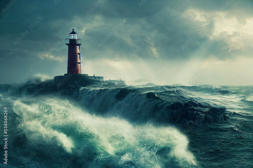 Lighthouse at the high vertical cliff in the middle of stormy sea