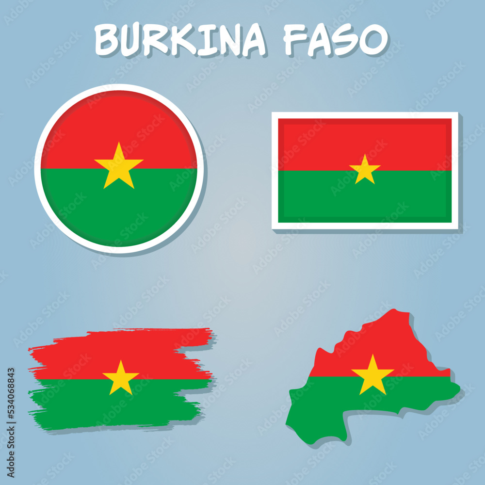 Burkina Faso flags collection, flags and outline of the country vector illustration set. Burkina Faso flags collection, flags and outline of the country vector illustration set.