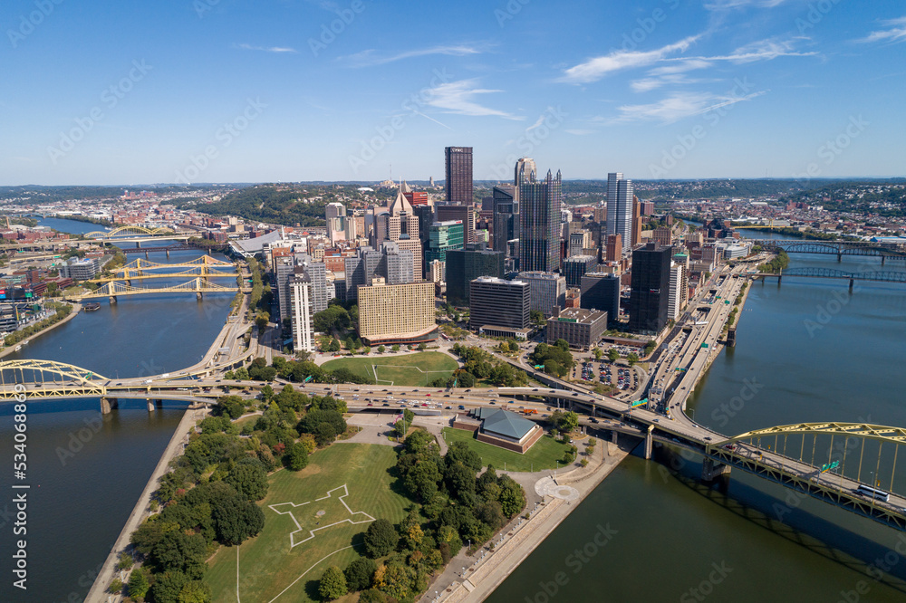 Cityscape of Pittsburgh. Point State Park Fountain in background. Clear Blue Sky. Pennsylvania