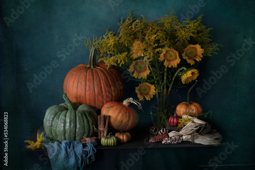 Pumpkin and sunflowers - Fall  photo