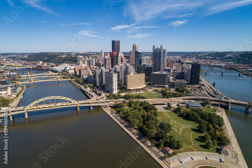 Pittsburgh Cityscape and Business District, Downtown Fort Duquesne Bridge in Background. Rivers and Bridges in Background. Pennsylvania.