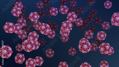 Polio virus particles with their viral capsid proteins floating. Poliomyelitis is a disease caused by the Poliovirus. CGI conceptual animation.