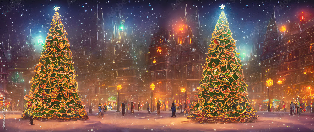 Naklejka premium Artistic concept painting of a christmas street at night, background illustration.