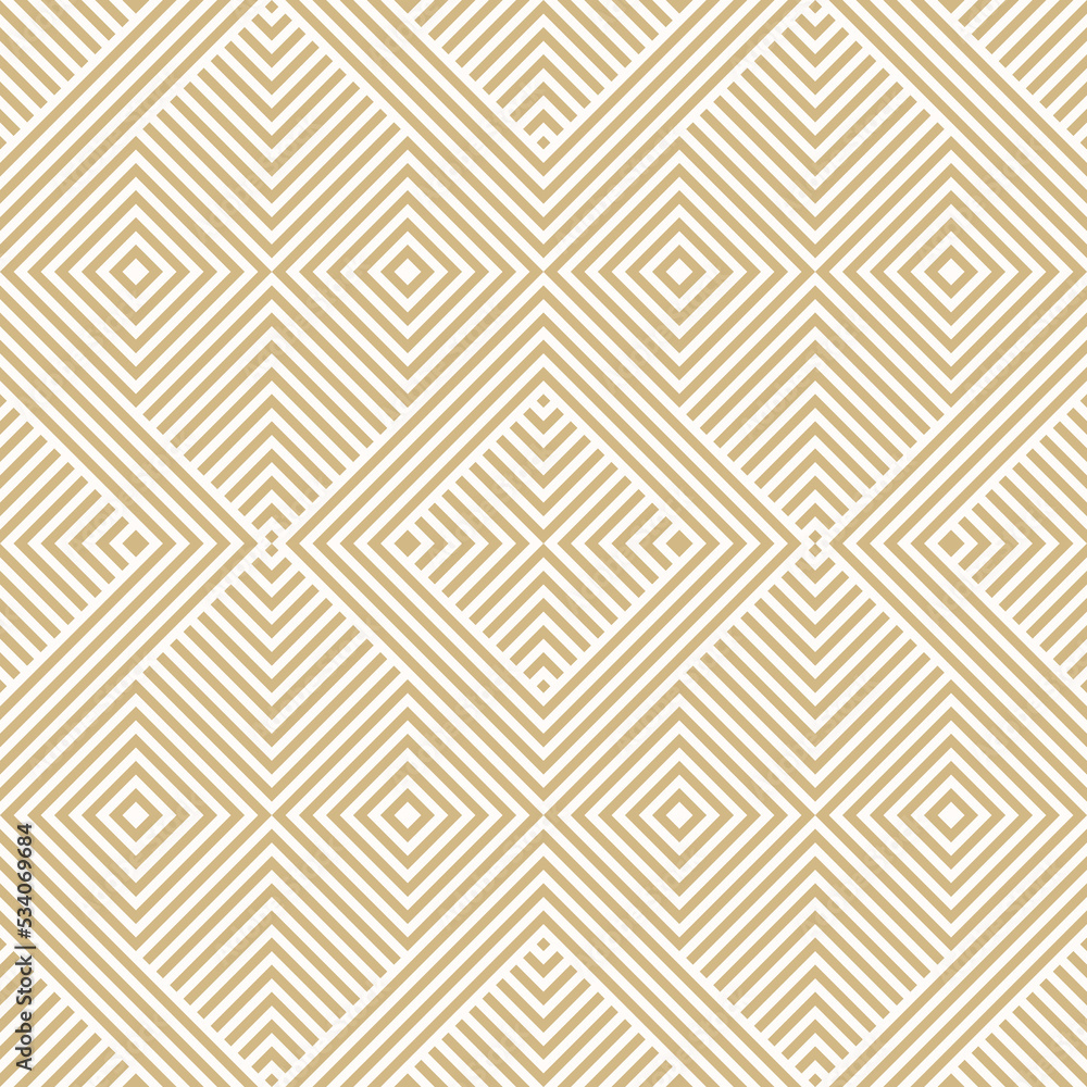 Vector geometric lines pattern. Abstract seamless striped ornament. Simple luxury gold and white stripes, squares, chevron. Modern stylish linear background. Repeat geo design for decor, print, cover