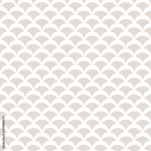 Vector geometric seamless pattern in art deco style. Simple abstract beige and white background with curved shapes, fish scale, peacock ornament, mesh. Subtle minimal geo texture. Repeat modern design