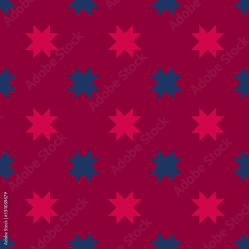 Vector geometric seamless pattern with flower silhouettes, crosses. Simple abstract floral ornament. Christmas vintage background. Texture in red and dark blue color. Elegant repeat decorative design