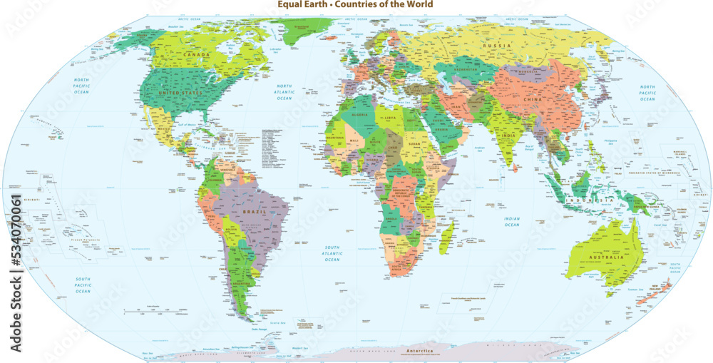 High details political world map equal earth projection vector de Stock ...