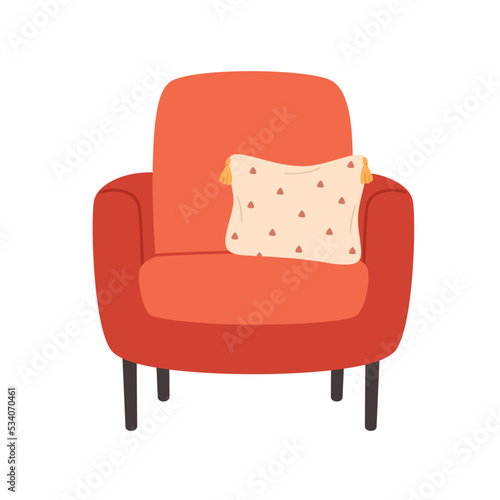 Modern armchair with decorative pillow. Cozy modern comfortable furniture in hygge style. Hand drawn vector illustration