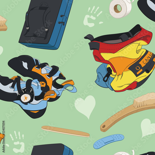 Seamless vector pattern of climbing and bouldering gear including shoes, crash pad, brush, chalk bag, tape, bandage, and nail file.