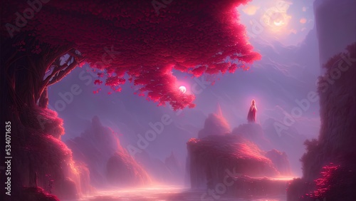 Fantasy landscape, majestic garden with roses. 3D illustration