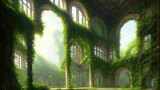 A garden in a majestic architectural building with large stained glass windows and arches. Mystical and mysterious rooms in green plants. Fantasy interior, exterior inside the building. 3D 