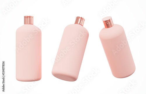 Different views of pink plastic shampoo bottle 3D render isolated on white background, cosmetic hair care product design concept and branding ready mockup