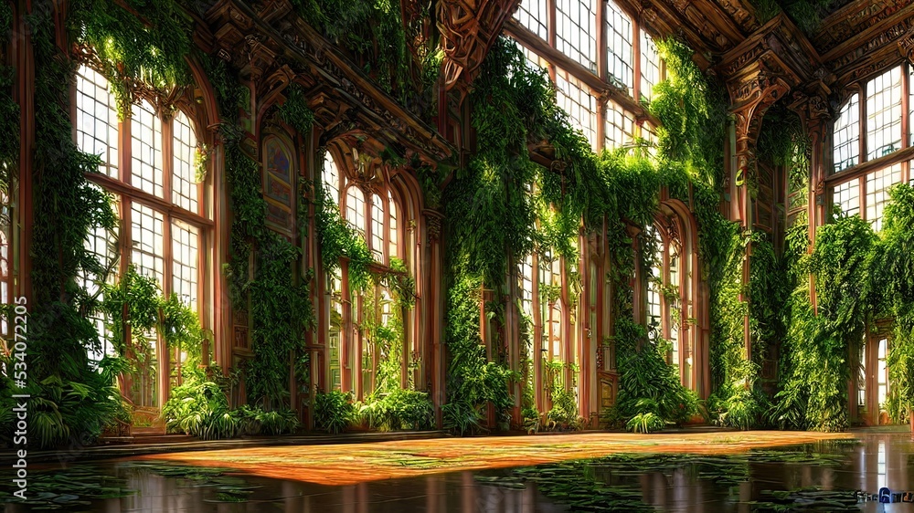 A garden in a majestic architectural building with large stained glass windows and arches. Mystical and mysterious rooms in green plants. Fantasy interior, exterior inside the building. 3D A garden in a majestic architectural building with large stained glass windows and arches. Mystical and mysterious rooms in green plants. Fantasy interior, exterior inside the building. 3D