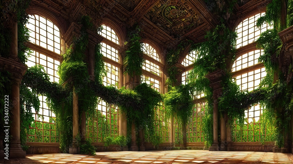 Fototapeta premium A garden in a majestic architectural building with large stained glass windows and arches. Mystical and mysterious rooms in green plants. Fantasy interior, exterior inside the building. 3D 