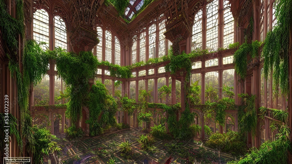 A garden in a majestic architectural building with large stained glass windows and arches. Mystical and mysterious rooms in green plants. Fantasy interior, exterior inside the building. 3D A garden in a majestic architectural building with large stained glass windows and arches. Mystical and mysterious rooms in green plants. Fantasy interior, exterior inside the building. 3D
