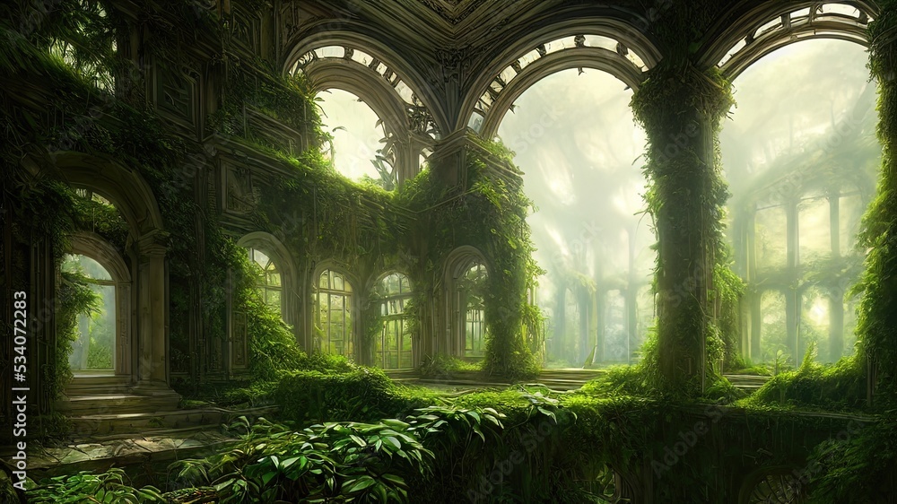 A garden in a majestic architectural building with large stained glass windows and arches. Mystical and mysterious rooms in green plants. Fantasy interior, exterior inside the building. 3D A garden in a majestic architectural building with large stained glass windows and arches. Mystical and mysterious rooms in green plants. Fantasy interior, exterior inside the building. 3D